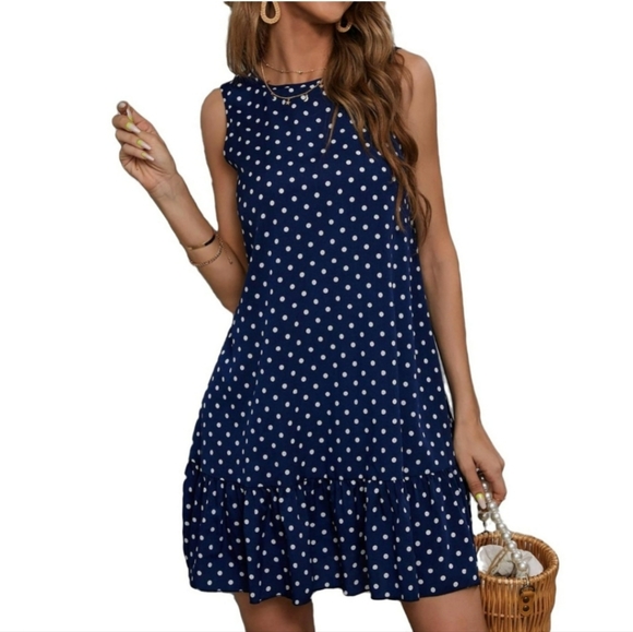 Navy Blue Midi Dress, white polka-dots, sleeveless, lightweight, comfort XL 14 - Picture 4 of 6